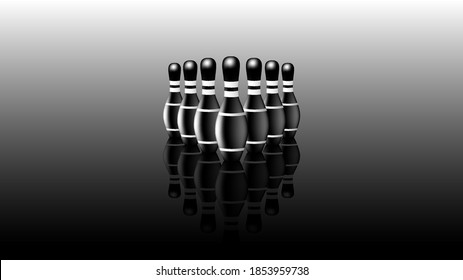 Afiche de ejemplo 3d. Siete boliche negros con rayas blancas en un espejo oscuro con reflexión. EPS10