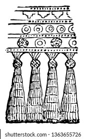 The sample of the ancient Assyrian fringe. Fringe: an ornamental edge of the length of the thread, vintage line drawing or engraving illustration.