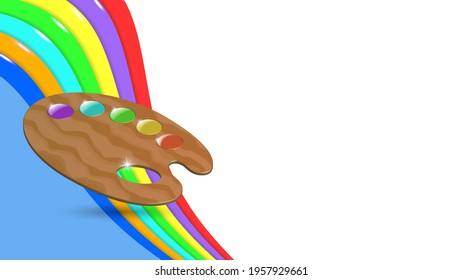 Sample artistic letterhead. Bright plastic rainbow with 3d palette and paints on a white background. Shadow and radiant highlights