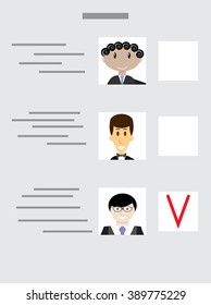 Sample ballot for voting with the choice of candidates. Vote decision, paper voting, choice ballot, balloting election, questionnaire polling. Vector abstract flat design illustration