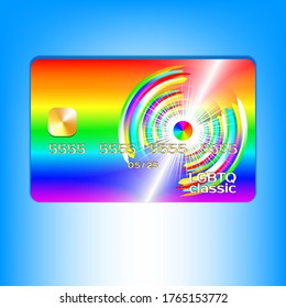 A sample of a bank card with a rainbow and an abstract glowing pattern with rays. LGBTQ classic lettering EPS 10