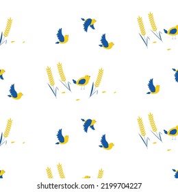 Sample . A bird and an ear of wheat. Yellow-blue on white.