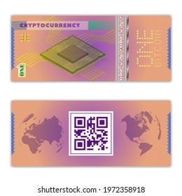 A sample of a bitcoin banknote with the word cryptocurrency encoded in the QR code. Obverse and reverse of paper money with a guilloche pattern. 3D processor and two hemispheres of planet Earth