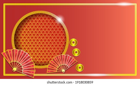 Sample blank letterhead. East Asian coins and fans. Red background with gold frame. Bright radiant highlights and shadows