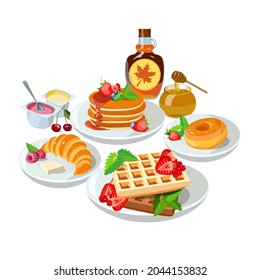 Sample breakfast desserts: pancakes, maple syrup, honey, donut. Classic hotel set with belgian waffles, yogurt, croissant for menu poster. Brunch healthy start day options food. Vector illustration.