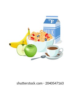 Sample breakfast plate corn flakes with milk, fruits and coffee. Classic hotel breakfast set for menu poster. Brunch healthy start day options food. Vector illustration