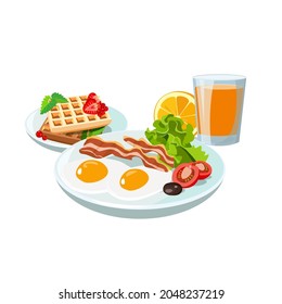 Sample breakfast plate with fried eggs and bacon, salad, tomato with belgian waffles and orange juice. Classic hotel set for menu poster. Brunch healthy start day options food. Vector illustration.