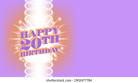 Sample of a bright greeting poster or postcard with a 3D inscription. Happy 20th birthday. White rays and sparks. EPS10