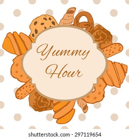 Sample card with hand drawn bakery, cookies, buns and pretzels on a seamless background with sample text. Vector illustration
