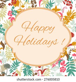 Sample card on seamless background with hand drawn flowers with sample text in a frame. Vector illustration