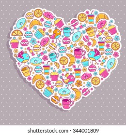 Sample cards with an bird, with cups and cakes