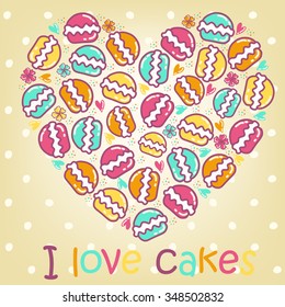 Sample cards and cakes on a beige, mottled background