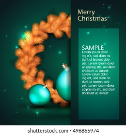 Sample cards for the new year dark green color, decoration of the orange tree and ball