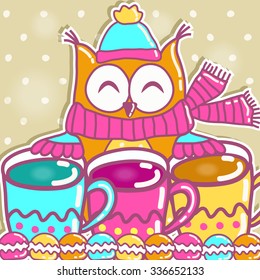 Sample cards with an owl, with cups and cakes