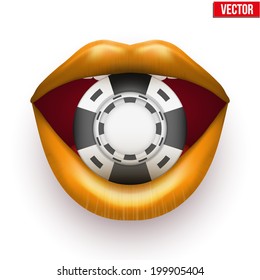 Sample Casino black chips in open female golden lips. Vector Illustration. Isolated on white background.