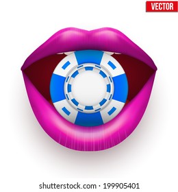 Sample Casino chips in open female purple lips. Vector Illustration. Isolated on white background.