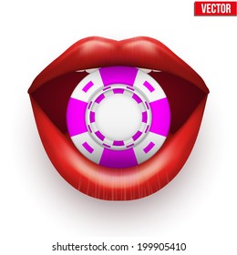 Sample Casino purple chips in open female red lips. Vector Illustration. Isolated on white background.