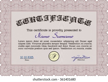 Certificado de ejemplo. Diseño artístico. Diploma de terminación.Con patrón guilloche. 