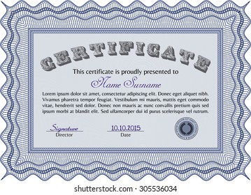 Certificado de ejemplo. Diseño artístico. Con patrón de guilloche. Detallado.