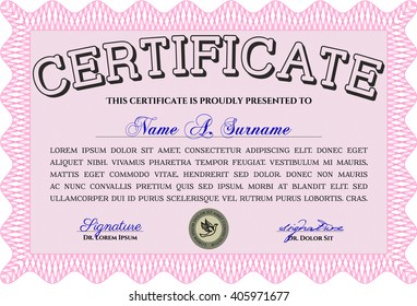 Sample Certificate. Artistry design. With quality background. Vector pattern that is used in money and certificate. Pink color.