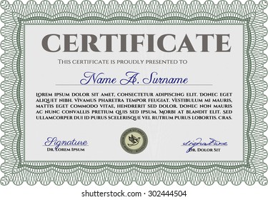 Sample Certificate. Complex design. With complex linear background. Money style.