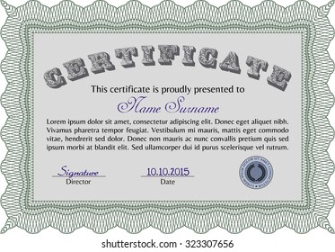 Sample Certificate. Complex design. With complex linear background. Money style.
