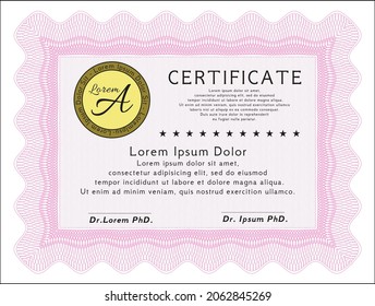 Sample certificate or diploma.  Artistry design.  Easy to print.  Vector illustration.  Pink color.