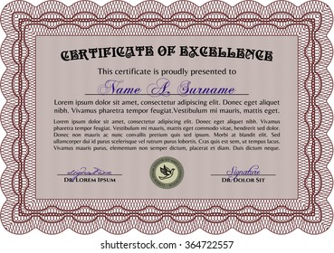 Certificado o diploma de muestra. Borde, marco.Diseño artístico. Con patrón de guilloche y fondo. 