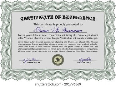 Sample certificate or diploma. Border, frame.Complex background. Cordial design. 