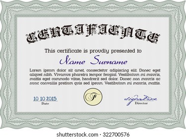 Sample certificate or diploma. Border, frame.Retro design. With complex background. 