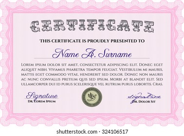 Sample certificate or diploma. Border, frame.Retro design. With complex background. 