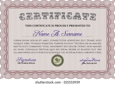 Sample Certificate. Diploma of completion.Lovely design. Printer friendly. 