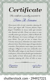 Sample certificate or diploma. Complex background. Vector certificate template.Cordial design. 