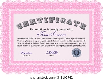 Sample certificate or diploma. Complex background. Border, frame.Lovely design. 