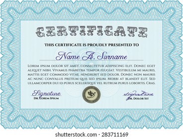 Sample certificate or diploma. Complex design. With guilloche pattern and background. Frame certificate template Vector.