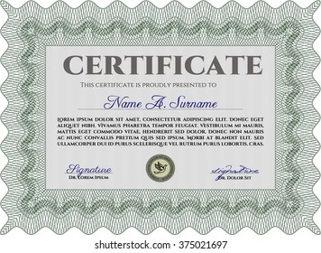 Sample certificate or diploma. With complex linear background. Vector certificate template. Elegant design. Green color.