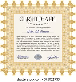 Sample certificate or diploma. With complex linear background. Vector certificate template. Elegant design. Orange color.