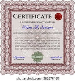 Sample certificate or diploma. With complex linear background. Retro design. Vector certificate template. Red color.