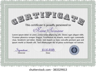 Sample certificate or diploma. With complex linear background. Vector certificate template. Retro design. Green color.