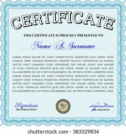 Sample certificate or diploma. With complex linear background. Vector certificate template. Retro design. Light blue color.