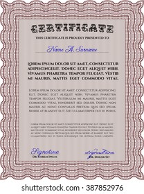 Sample certificate or diploma. With complex linear background. Vector certificate template. Retro design. Red color.