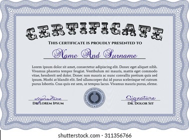 Certificado o diploma de muestra. Diseño elegante. Con patrón de guilloche. Patrón vectorial que se utiliza en moneda y diplomas.