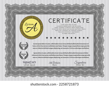 Sample certificate or diploma.  Good design.  With complex linear background.    Grey color.