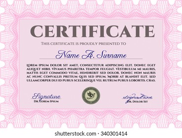 Sample certificate or diploma. With guilloche pattern and background. Vector pattern that is used in money and certificate.Excellent design. 