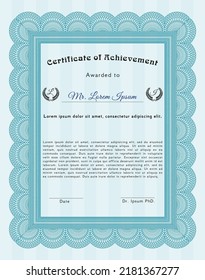 Musterzertifikat oder Diplom.  Schönes Design.  Mit guillochiertem Muster und Hintergrund.    Hellblaue Farbe.
