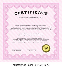 Sample certificate or diploma.  Modern design.  Easy to print.    Pink color.