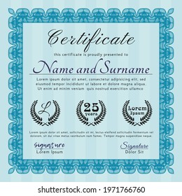 Sample certificate or diploma.  Money Pattern design.  With linear background.  Vector illustration.  Light blue color.