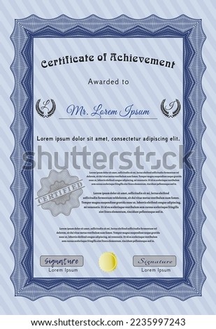 Sample certificate or diploma.  Money Pattern design.  With great quality guilloche pattern.  Detailed.  Blue color.