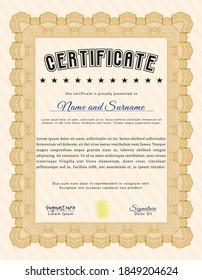 Sample certificate or diploma.  Nice design.  Complex background.  Customizable, Easy to edit and change colors.  Orange color.