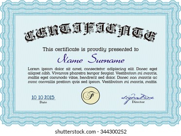 Sample certificate or diploma. Nice design. Diploma of completion.With guilloche pattern and background. 